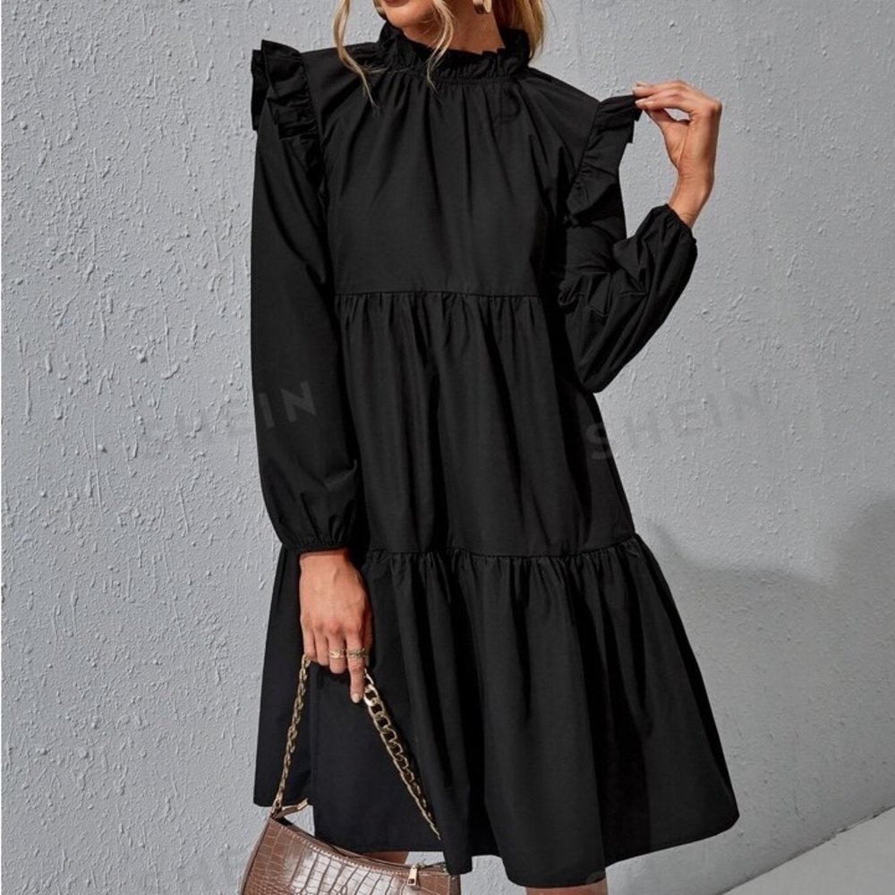 Ruffle Trim Ruched Front Smock Dress